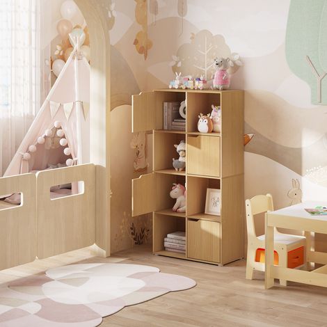 WOLTU Bücherschrank Bücherregal 8 Fächern Aufbewahrungsregal, Standregal Aktenregal Raumteiler mit 4 Türen Büroregal für Wohnzimmer Arbeitszimmer Schlafzimmer, Helle Eiche (1/5)