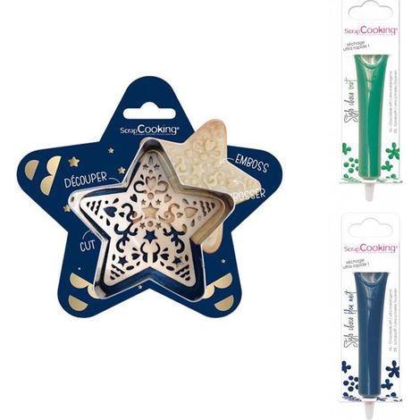 Kit pour biscuit en relief Étoile + 2 Stylos au chocolat vert et bleu nuit (1/2)