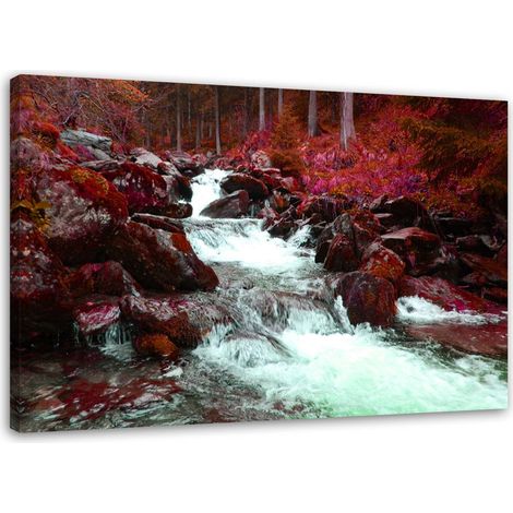 Quadro su tela, Torrente di montagna foresta rosso - 60x40 (1/5)
