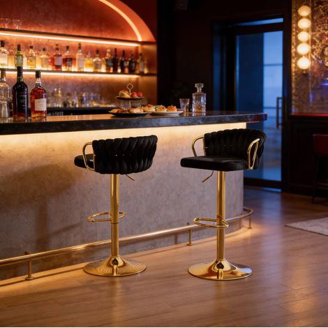 Tabouret de bar réglable, lot de 2, pivotant 360°, velours noir HAVRYA (1/5)