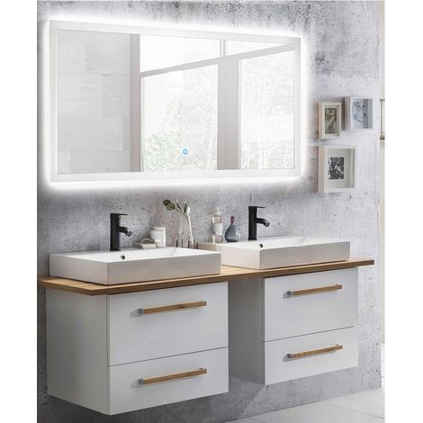 Badmöbel Waschtisch Set in weiß mit Eiche Landhaus DABO-04 mit 140cm LED-Touch-Spiegel, B/H/T ca. 165/200/50 cm (1/5)