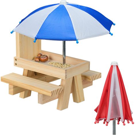 Relaxdays Eichhörnchen Tisch, Holz, Eichhörnchenbank mit 2 Schirmen, Eichhörnchen-Picknicktisch zum Hängen, hellbraun