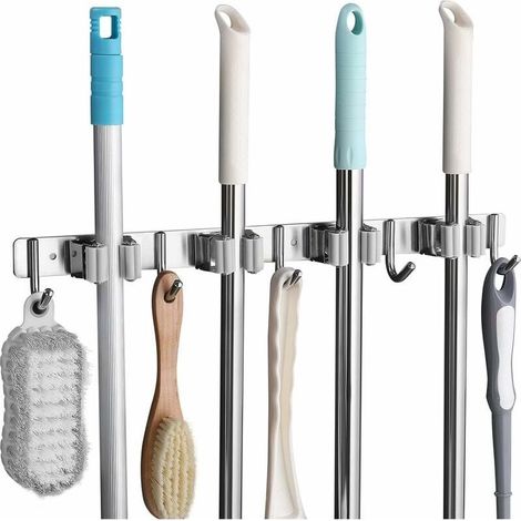 Kaelt - Porte Balai Mural en Acier Inoxydable Accroche Balai Mural avec 4 Emplacements et 5 Crochets pour Cuisine, Salle de Bain, Garage et Jardin, Gris (1/5)