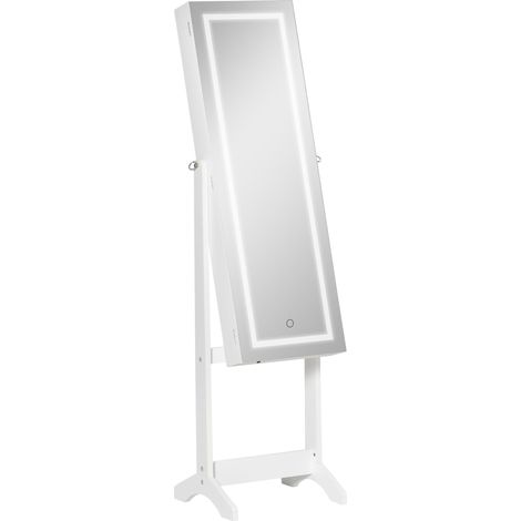 HOMCOM Armoire à bijoux LED avec miroir sur pied range bijoux avec éclairage à écran tactile blanc