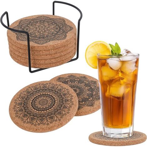 8 teiliges Kork Tischset mit Metallständer, rutschfest, wiederverwendbar, für heiße und kalte Getränke, 10 cm, Holzfarbe (1/4)