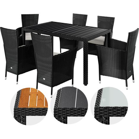 CASARIA® Gartenmöbel Polyrattan 6 Stühle Stapelbar 150x90cm Gartentisch WPC Holz Wetterfest Outdoor Terrasse Sitzgruppe Essgruppe Garnitur Set Schwarz