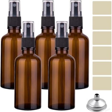 50-ml-Sprühflaschen aus Braunglas – Set mit 5 Flaschen, inklusive Trichter und Etiketten für ätherische Öle, Kosmetika und Parfums
