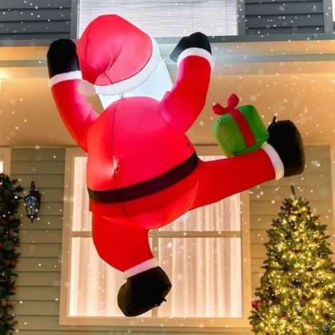 Père Noël gonflable de 1,80 m avec boîte cadeau, Père Noël suspendu gonflable avec LED intégrée pour décoration de Noël, extérieur, cour, jardin, pelouse (1/5)