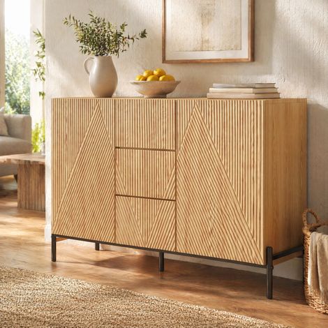 Buffet moderne avec structure géométrique, 115,5 x 40 x 76 cm, MDF naturel HAVRYA (1/5)