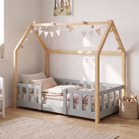 Hausbett Sisimiut mit Rausfallschutz 70x140 cm Hellgrau/Natur [en.casa] (1/5)