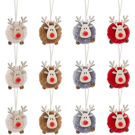 Lot de 12 décorations de Noël en feutrine et bois représentant des rennes à suspendre - 4 couleurs. Adorables pendentifs en feutrine de laine et bois représentant des rennes à suspendre au sapin de No (1/4)