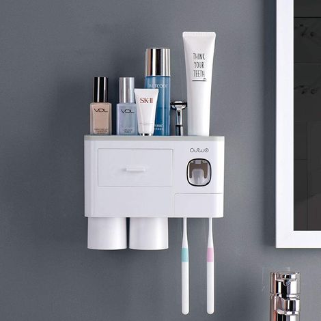 Porte-brosses à dents mural avec kit de distributeur automatique de dentifrice, 6 porte-brosses à dents avec couvercles anti-poussière, 3 gobelets magnétiques et un tiroir cosmétique (3 gobelets). (1/5)