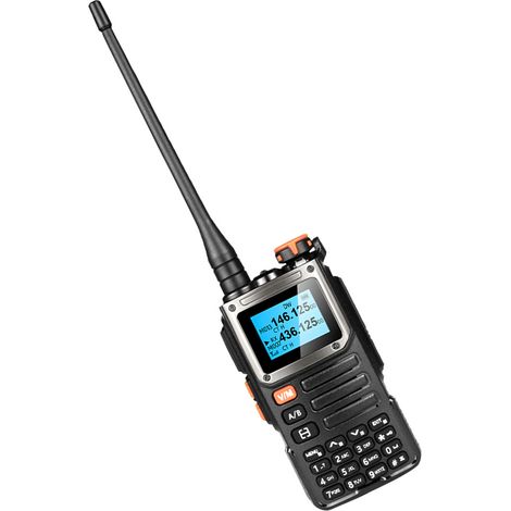 Talkie-walkie portable 5W, interphone VHF/UHF bibande, 999 canaux, réception AM/FM, fonction alarme, batterie 2200 mAh, écran LCD et lampe torche.