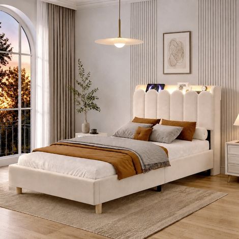 Lit enfant rembourré 90x200cm avec tête de lit rangement,USB,Type-C et lampe de lecture,lit avec sommier à lattes,velours,beige (1/5)