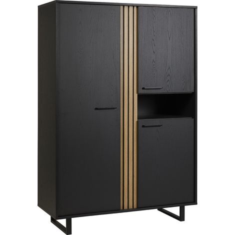 Mobile da rangimento XL con piedi in metallo, colore nero e quercia, collezione LOFT, grande capacità di stoccaggio.