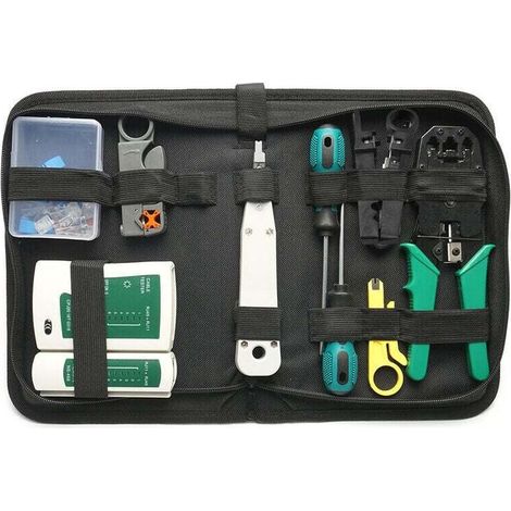 Kit di strumenti per crimpatura cavi di rete LAN, 14 pezzi, borsa portautensili portatile per rete Ethernet, set di strumenti per riparazione di rete, tester per cavi di rete a doppio uso, di DEBUNS (1/5)