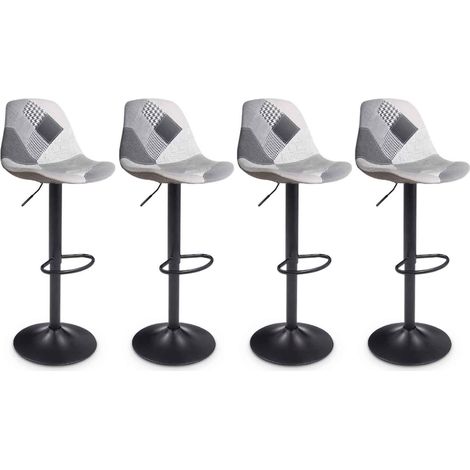 Idmarket – Lot de 4 tabourets de bar patchwork noir, gris et blanc – Hauteur réglable 57 à 79 cm – Socle rond 38,5 cm – Assise rembourrée confortable (1/5)
