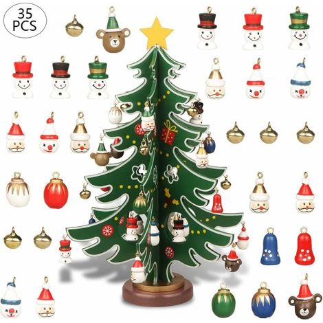 Mini sapin de Noël en bois de table avec 30 mini décorations de Noël et 1 cime d'arbre étoile pour décoration de Noël (1/4)