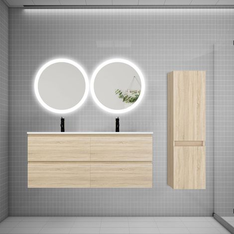 Ensemble meuble double vasque L.120cm 4 tiroirs + lavabo + 2LED miroirs rond 60cm + colonne C,chêne,aica