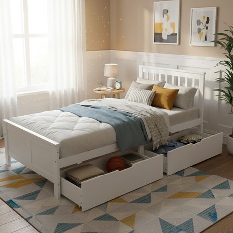 Cama individual con cajones de almacenaje blanca OKMYHOME (1/5)