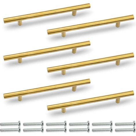 6 Pcs 200MM (128MM Hole Center) Gold T-Shaped Kitchen Cabinet Handle, Stainless Steel, for Cabinets, Drawers, Wardrobes (1/4)