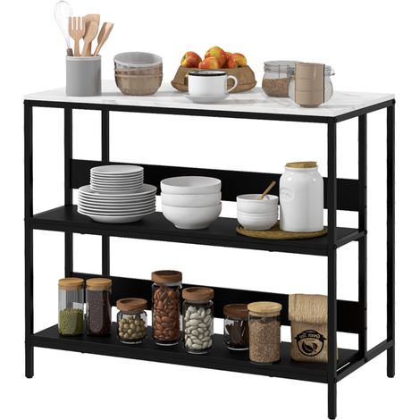 Îlot de cuisine avec étagères, plateau effet marbre et structure en métal, 100x50x90 cm, noir et blanc (1/5)