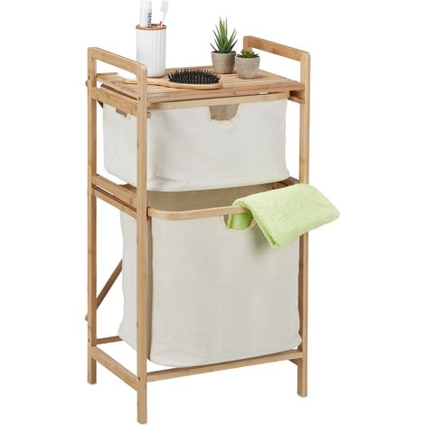 Panier à Linge, Structure Bambou, trieur 2 panières, 85x44x33 cm, étagère Salle de Bain, Nature-Beige (1/5)
