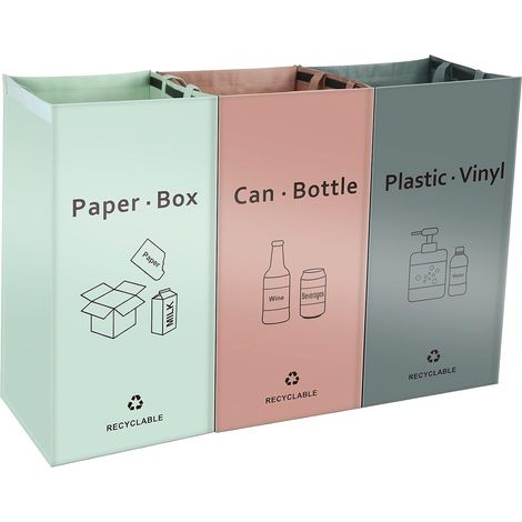 Lot de 3 Bacs de Déchets Trieur à Déchets pour Recyclage (Rose - Gris - Vert) - Poubelle pour Extérieur/Intérieur - Papier, Verre, Plastique (1/5)