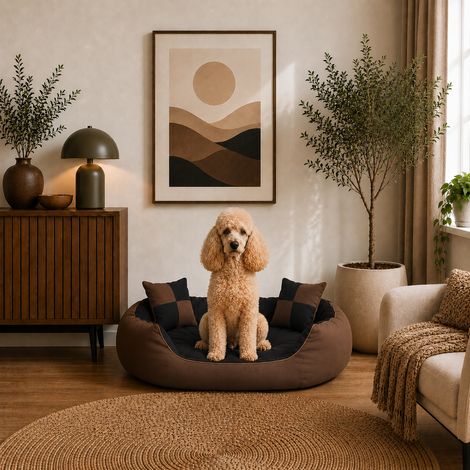 belviona 4-in-1 Hundebett, Hundekörbchen mit Wendekissen, wasserabweisend, tiefer Einstieg & 2 Spielkissen, 85x70 cm, schwarz/braun (1/5)