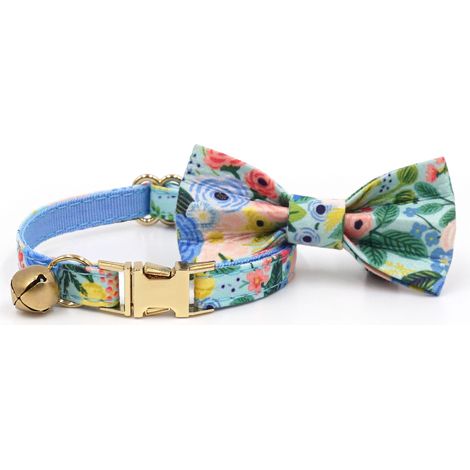 Collier chat fleur et fruit avec nœud bleu été, taille L, boucle de sécurité noire (1/2)