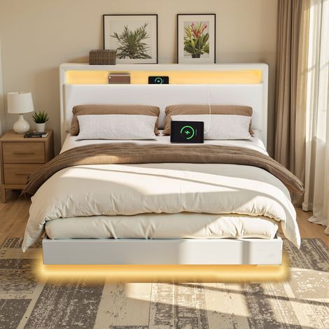 Lit Double 140,1 x 190,1 cm, Cadre Flottant avec Éclairage LED, Tête Haute, Multiprise, Style Moderne, Blanc (1/5)
