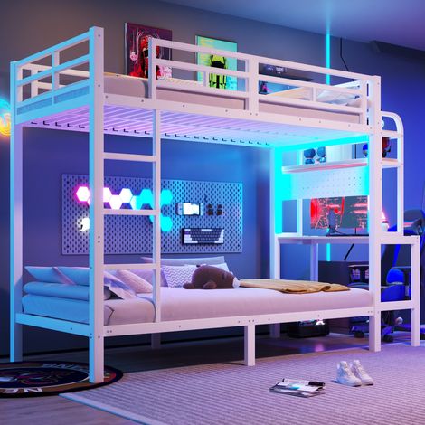 Lit mezzanine enfant 90 x 200 cm avec bureau étagères bande led port usb sommier à lattes barrières de sécurité et échelle en métal - blanc (1/5)