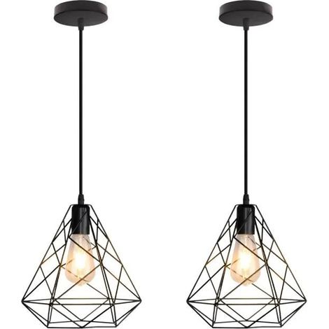 U-Do 2Pcs Lampe de Plafonde Cage forme Diamant en Fer Noir E27 Lustre Suspension Luminaire Ajustable Industriel pour Salon (1/4)