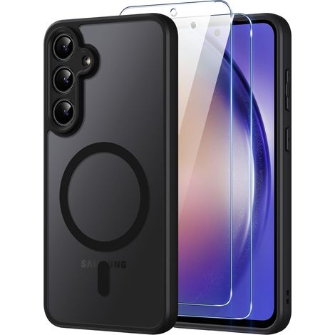 pour Samsung Galaxy A54 5G Coque Compatible avec MagSafe avec 2 Verre Trempé, Magnétique Etui Translucide Mat Arrière Housse, d'objectif Tout Compris Ultra Fine Antichoc Case, Noir (1/5)