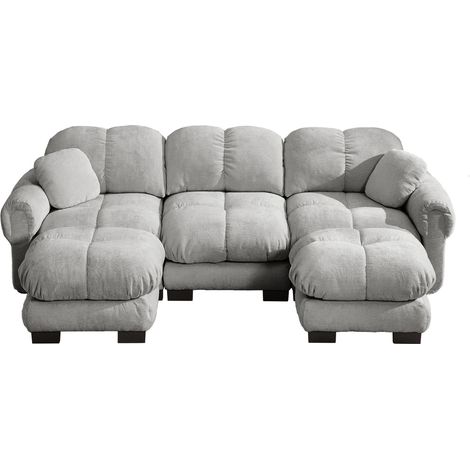 Canapé d'angle en U 3 places en chenille grise avec ottomane mobile et coussins décoratifs (1/5)