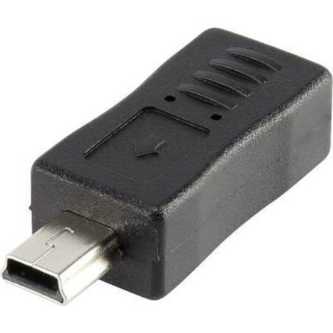 Adaptateur USB 2.0 — Prise femelle Mini-B vers prise mâle Micro-B, câble noir avec contacts dorés, compatible avec chargeurs et périphériques USB standard
