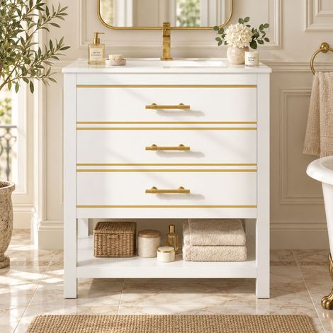 Meuble salle de bain sur pied 76 cm avec vasque céramique, blanc et doré, 2 tiroirs, étagère ouverte, MDF, sans robinet (1/5)