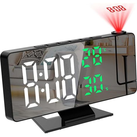 Réveil à projection pour table de chevet, horloge miroir LED avec projecteur rotatif à 180°, luminosité à 3 niveaux, réveil numérique avec température et humidité, fonction (1/5)