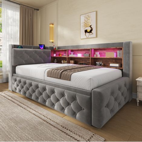 Sofá cama convertible 90x190 cm de terciopelo gris oscuro, LED, USB-C, almacenaje OKMYHOME (1/5)