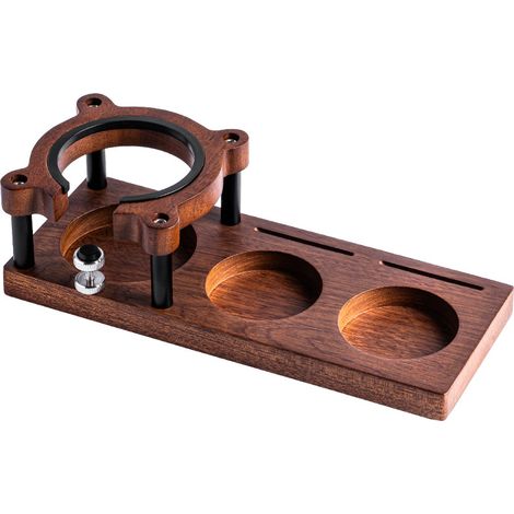Espresso-Tamperständer aus Massivholz – höhenverstellbar von 51 bis 58 mm. Inklusive Tamper- und Siebträgerhalter, rutschfestem, multifunktionalem Ablagefach für Kaffeezubehör und Siebträgerhalter.