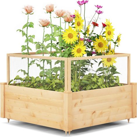 Fioriera in legno per orto da esterno 107 x 107 x 80 cm per proteggere le tue piante con ripiano e recinzione in abete naturale 200019393