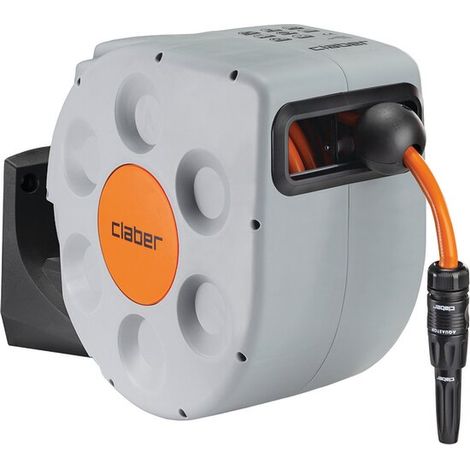 Claber – Dévidoir mural automatique 10 m – Enroulement Slow Rewind – Tuyau indéformable anti-frottement – Support mural orientable 180°