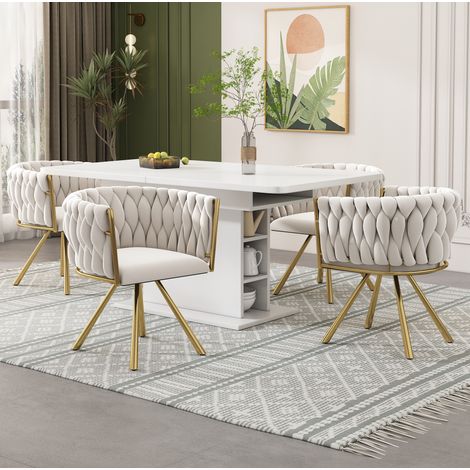 Set di 4 sedie da pranzo girevoli a 360° in velluto con gambe in metallo dorato beige HAVRYA (1/5)