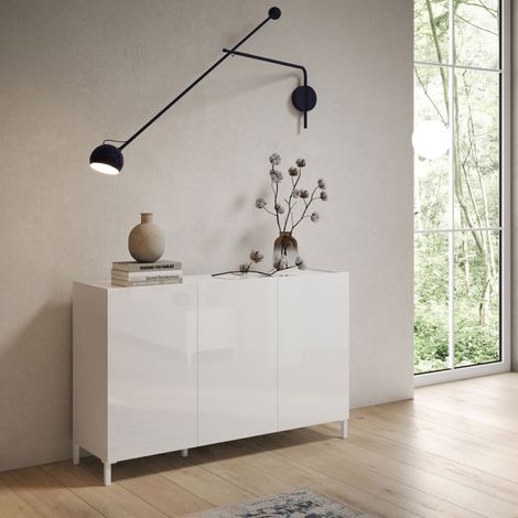 Madia in legno 130 cm a 3 ante e 2 vani con ripiani Bianco Lucido HARAS (1/3)