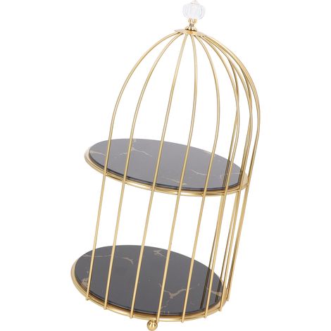 Lot double étagère de rangement cage oiseau présentoir salle de bain table coiffeuse cadre doré base noire motif or (1/5)