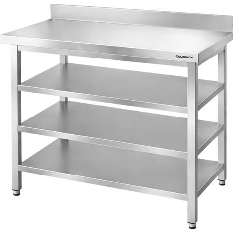 Table de travail en inox Bar 1200x700 mm avec 3 étagères inférieures et dosseret PREMIUM - GOLDINOX (1/4)