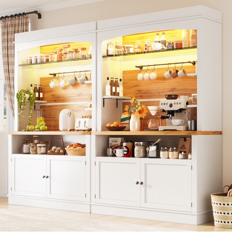 Credenza alta set 2 con illuminazione LED, 184 cm, ripiano in vetro e barra con ganci, bianco HAVRYA (1/5)