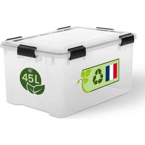 Boite Rangement Hermétique Plastique, 45L, Transparent, Couvercle, Joint Etanche, Clips de Fermeture, Empilable, pour Exterieur, Garage, Vetement, Anti Poussiere, WSB-45 (1/5)