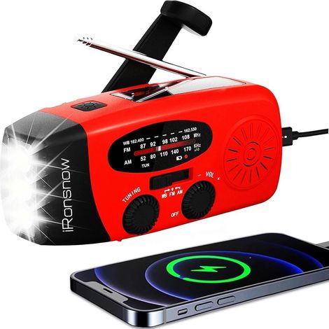 Radio météo solaire d'urgence à manivelle, radio portable NOAA AM avec alarme SOS, lampe torche, chargeur USB pour smartphone 2000 mAh, idéale pour le camping (rouge) (1/5)