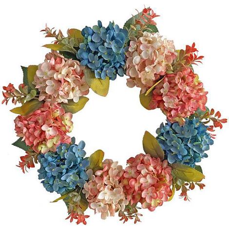 Couronne Hydrangea - 40 Cm - Base En Rotin Naturel - Fleurs Artificielles Bleu Blanc Violet - Décoration Intérieure Porte D'Entrée Cheminée Fenêtre - Unité (1/5)